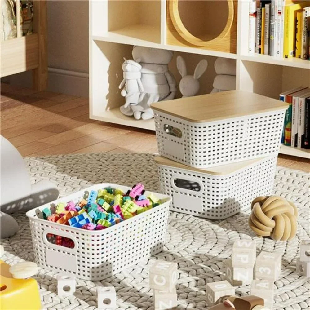 Plastic Storage Bins with Bamboo Lids 6 Pack Stackable Closet Organizer White